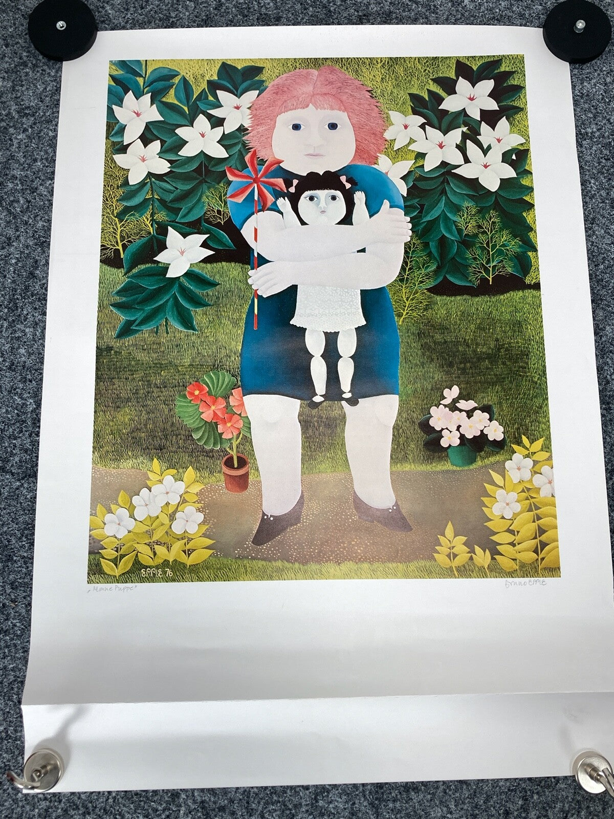 * BRUNO EPPLE POSTER PRINT MEINE PUPPE 1976 NAIVE MALEREI HANDSIGNIERT 50X69 CM