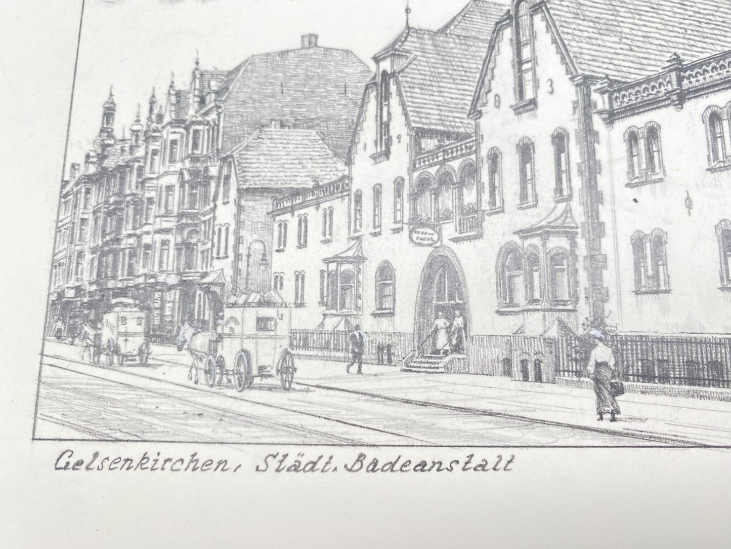 HEINZ WEHLISCH ZEICHNUNG GELSENKIRCHEN STÄDTISCHE BADEANSTALT 1915 HANDSIGNIERT