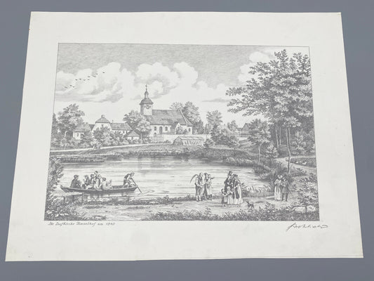 HEINZ WEHLISCH ZEICHNUNG BERLIN DIE DORFKIRCHE TEMPELHOF UM 1840 HANDSIGNIERT