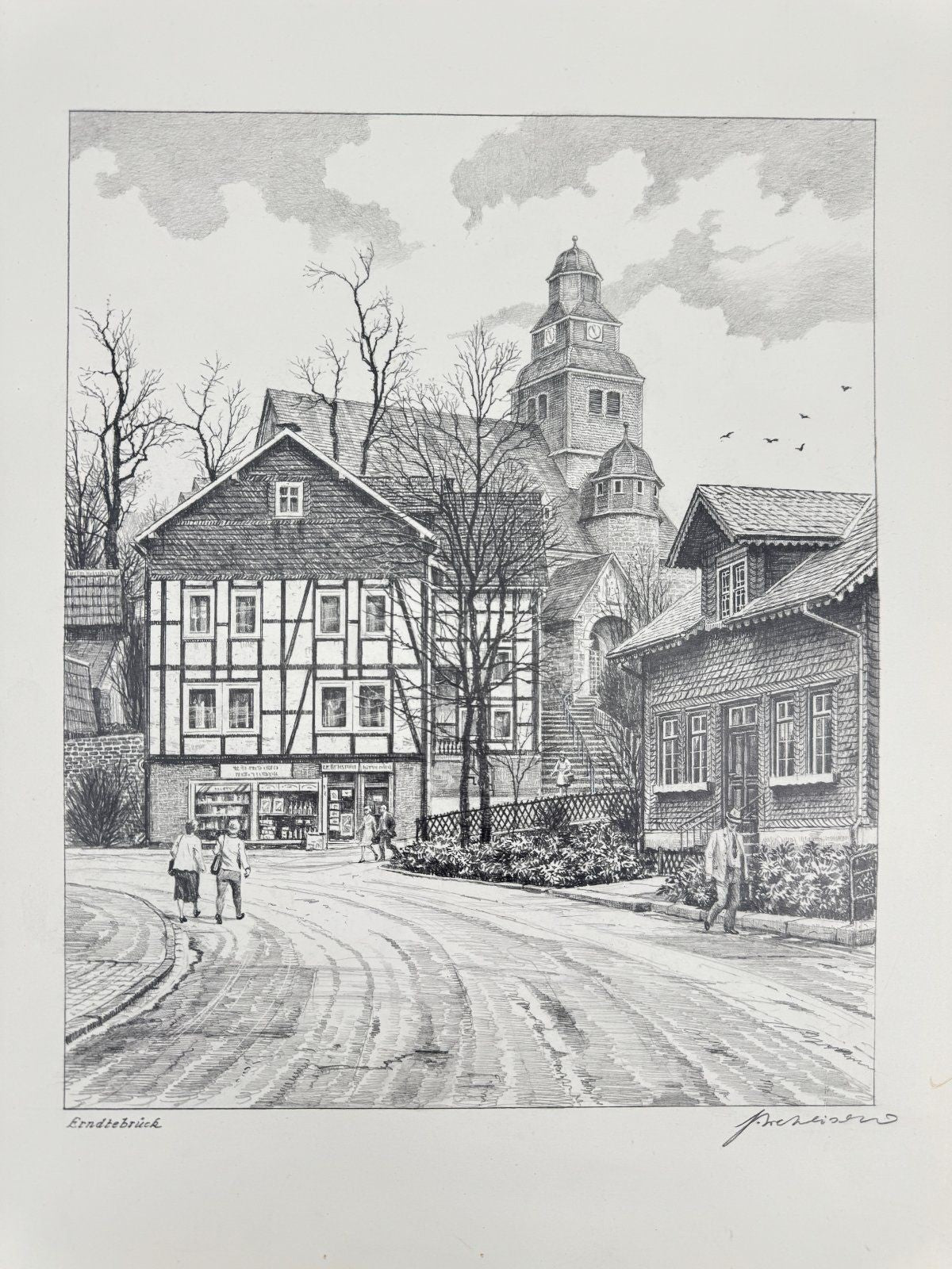 * HEINZ WEHLISCH ZEICHNUNG ERNDTEBRÜCK BERLEBURG ANSICHT SIGNIERT