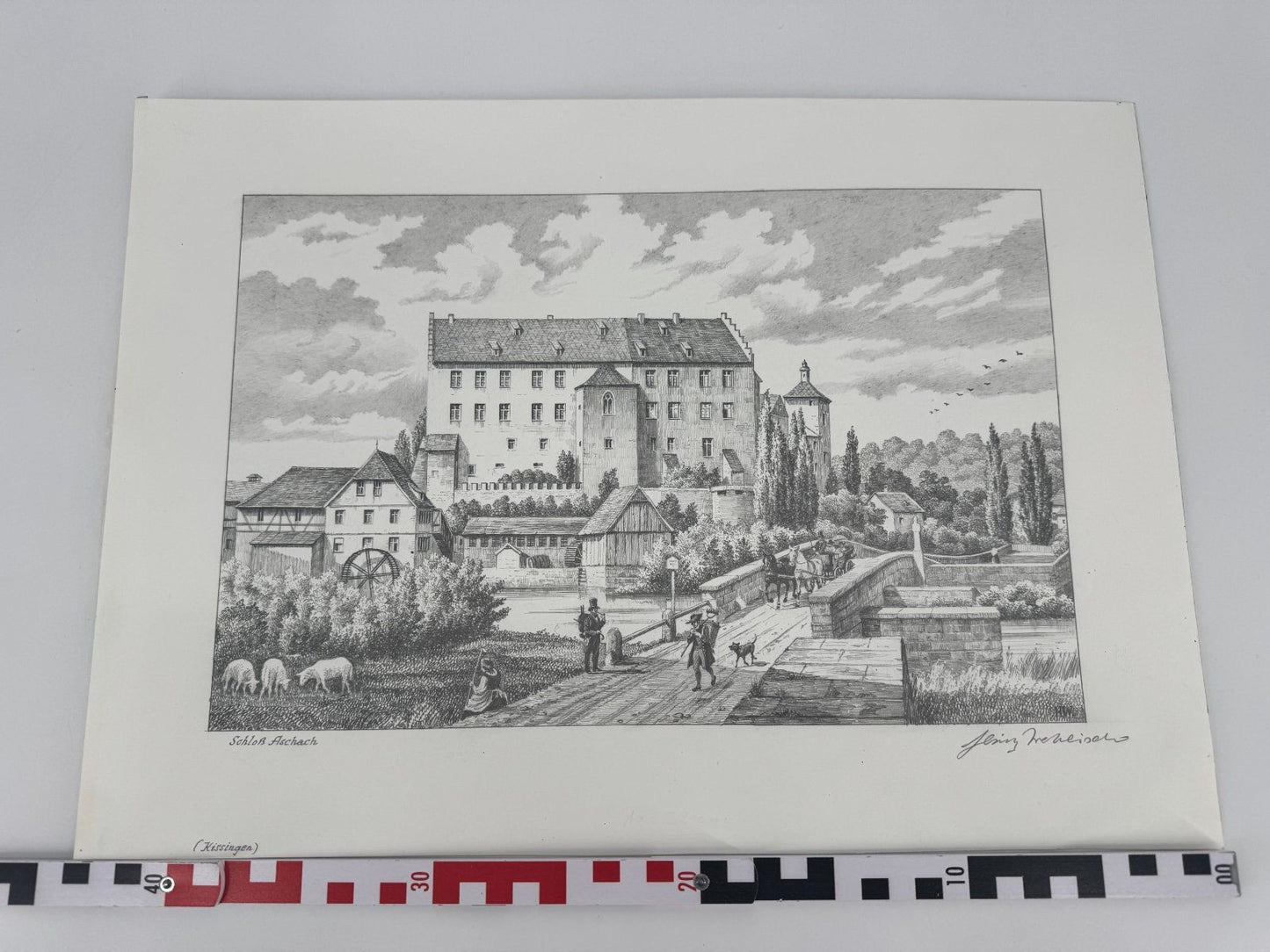 * HEINZ WEHLISCH ZEICHNUNG SCHLOß ASCHACH KISSINGEN ANSICHT SIGNI