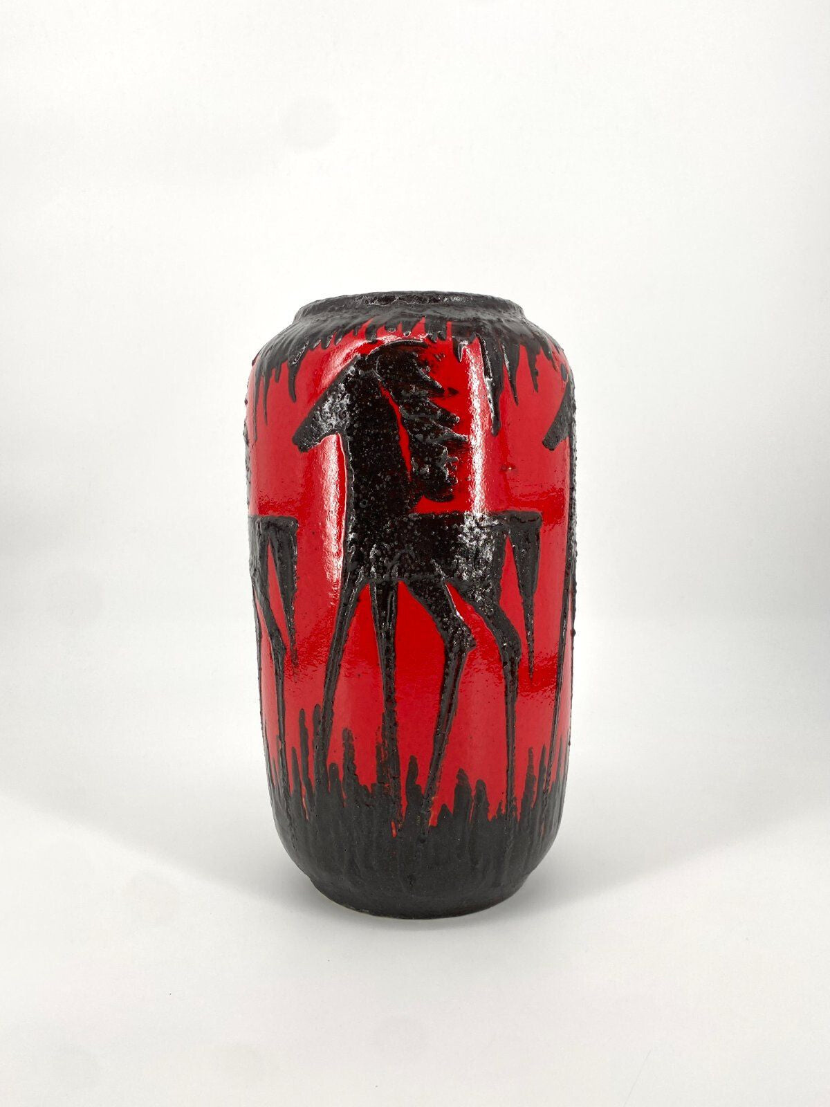 * VASE FAT LAVA SCHEURICH PFERD ROT SCHWARZ WEST GERMANY VINTAGE