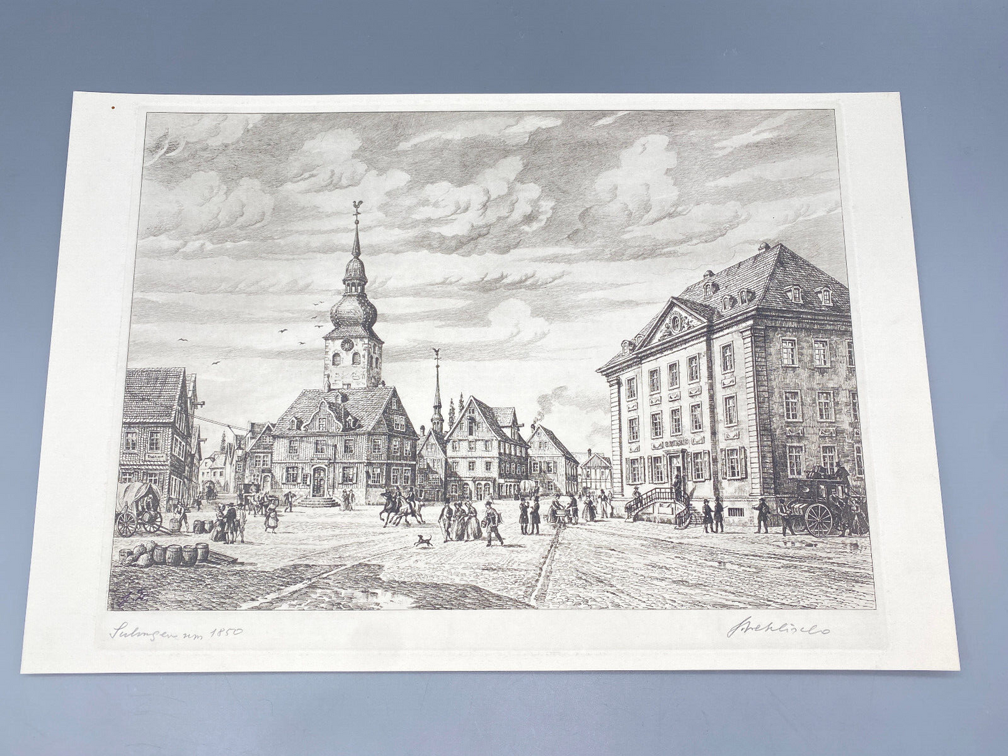 HEINZ WEHLISCH RADIERUNG MARKTPLATZ LENNEP REMSCHEID 1850 HANDSIGNIERT