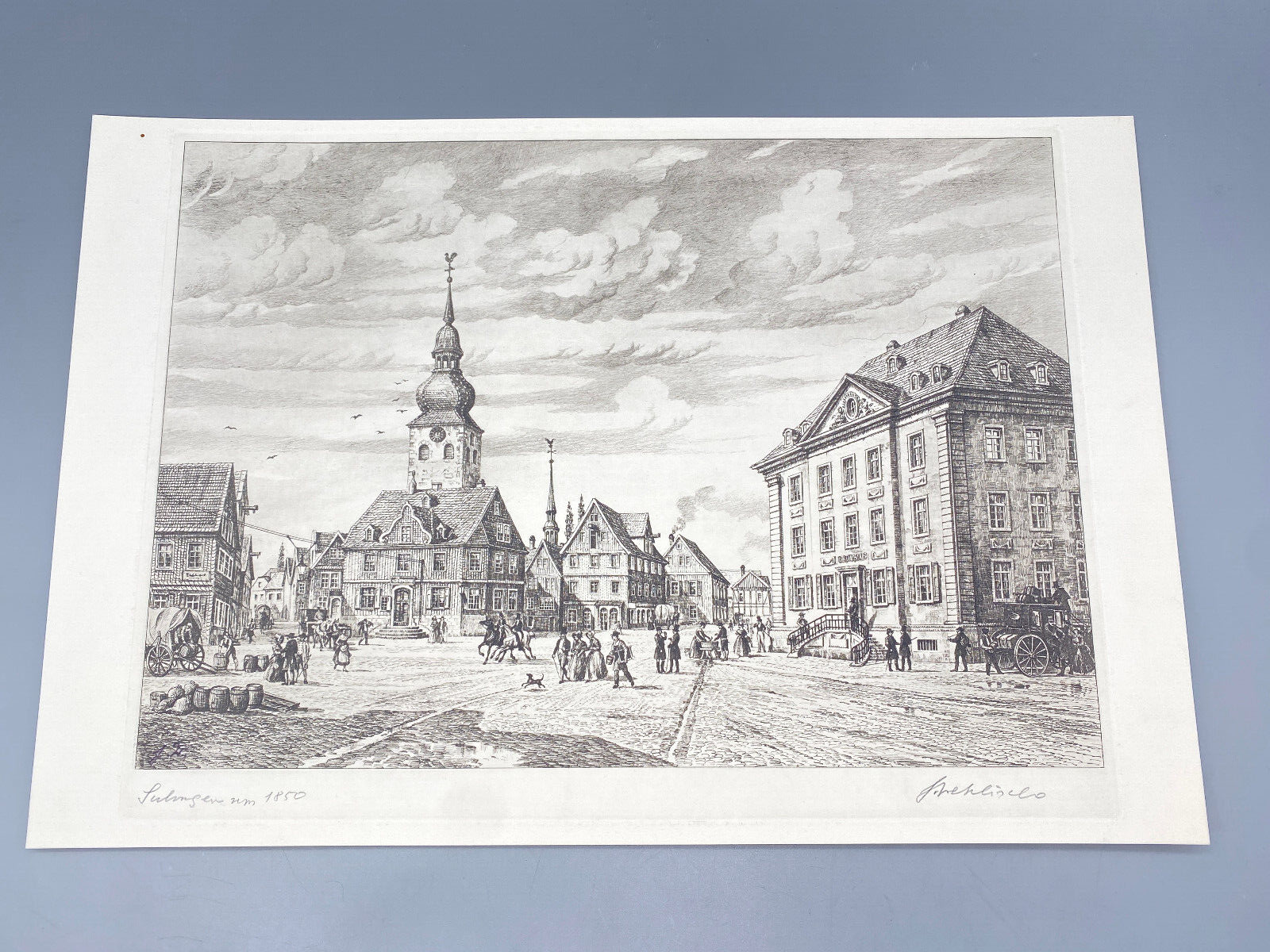 HEINZ WEHLISCH RADIERUNG MARKTPLATZ LENNEP REMSCHEID 1850 HANDSIGNIERT