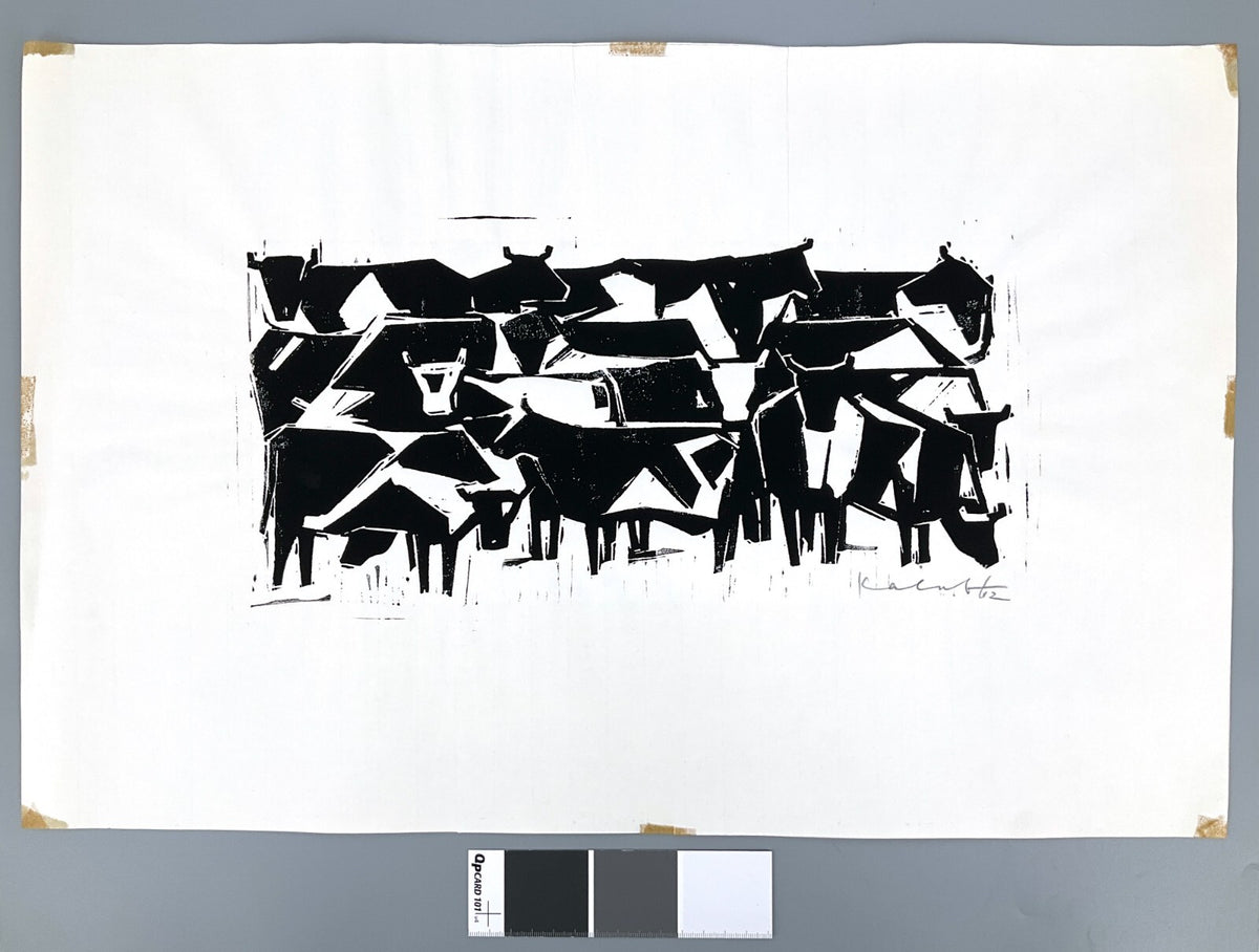 *LINOLSCHNITT WALTER KALOT RINDERHERDE OCHSEN SIGNIERT 1962 ORIGINAL EXPRESSIV