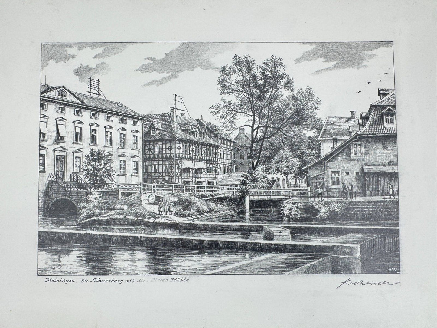 * HEINZ WEHLISCH ZEICHNUNG MEININGEN WASSERBURG MÜHLE ANSICHT