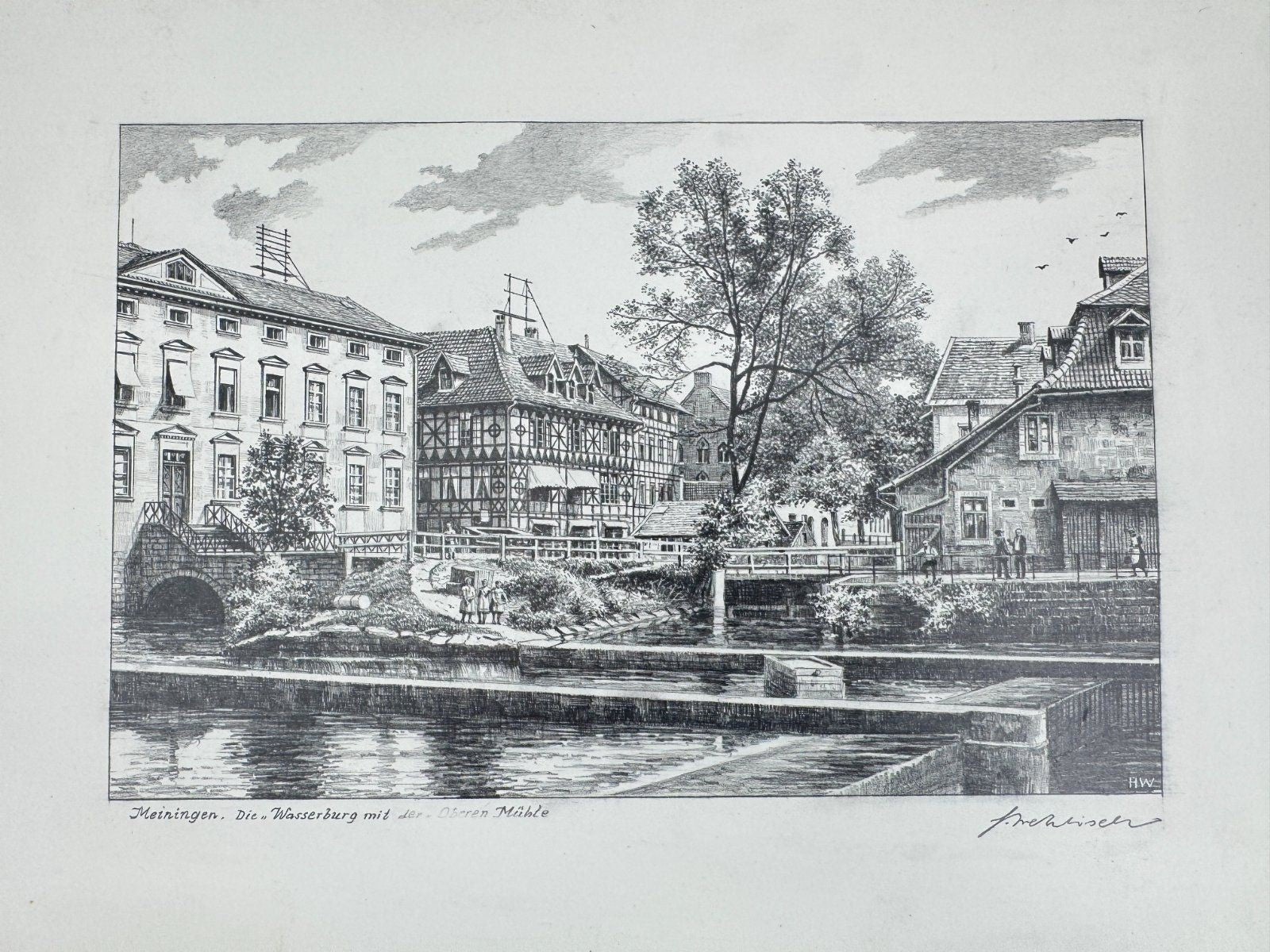 * HEINZ WEHLISCH ZEICHNUNG MEININGEN WASSERBURG MÜHLE ANSICHT