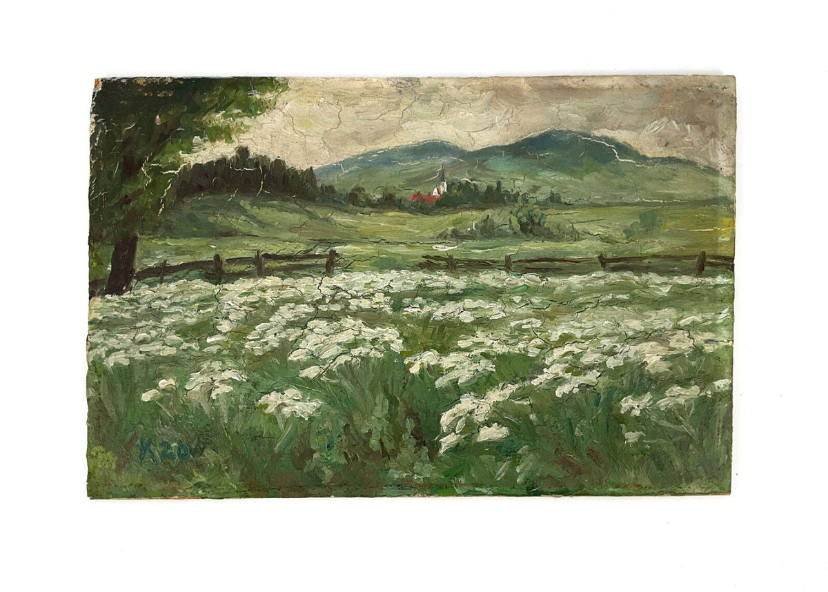 *ÖLGEMÄLDE K 1920 LANDSCHAFT BLÜHENDE PFLANZEN KIRCHE FELD