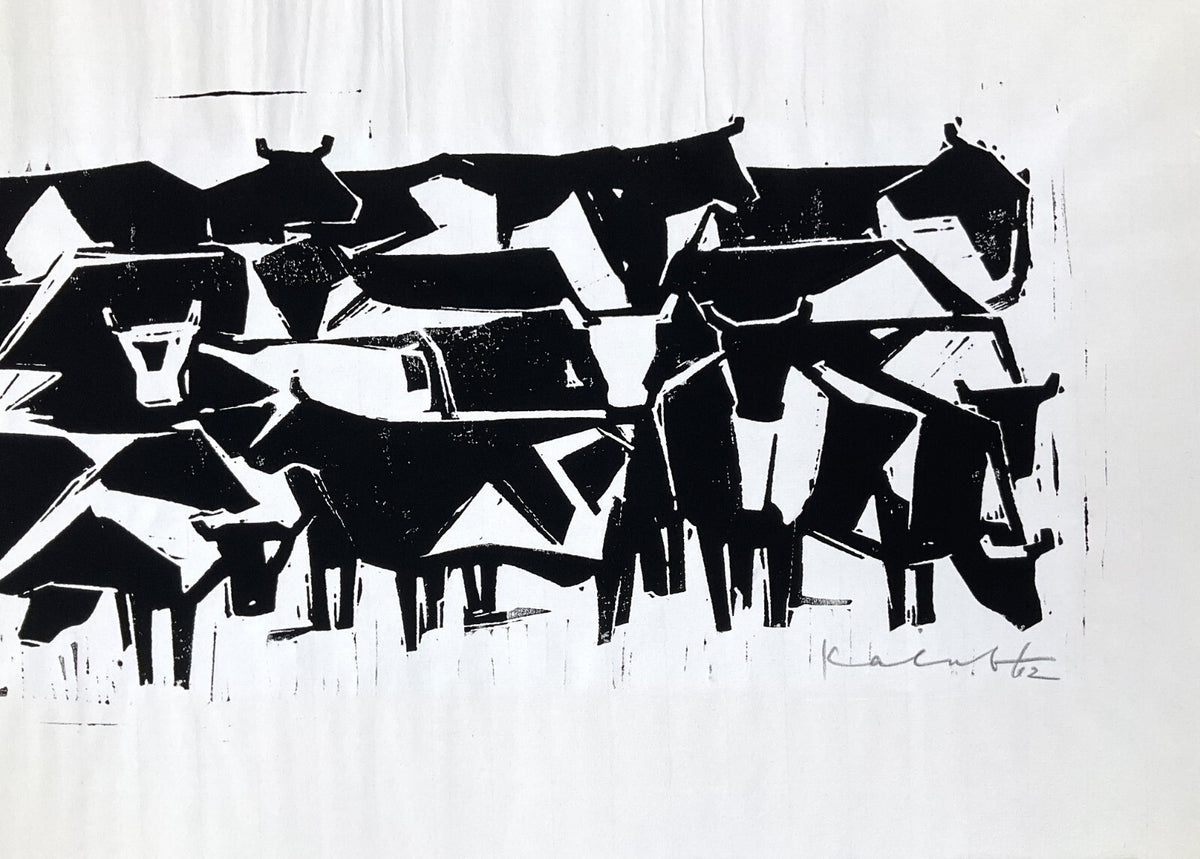 *LINOLSCHNITT WALTER KALOT RINDERHERDE OCHSEN SIGNIERT 1962 ORIGINAL EXPRESSIV