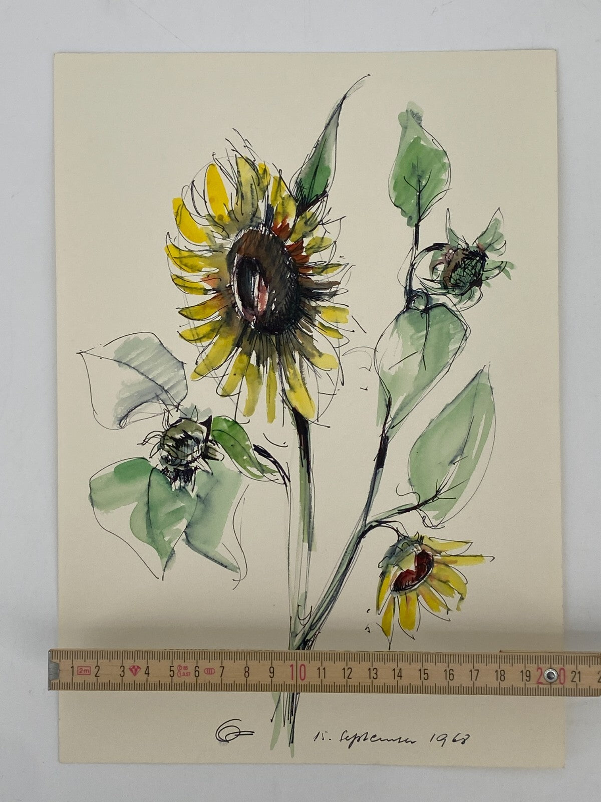 * HANS OTT KOLORIERTE TUSCHEZEICHNUNG HANDSIGNIERT 1968 WIDMUNG SONNENBLUME
