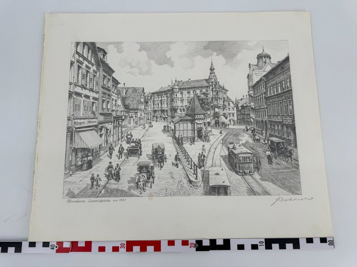 * HEINZ WEHLISCH ZEICHNUNG PFORZHEIM LEOPOLDPLATZ 1903 ANSICHT SIGNIERT