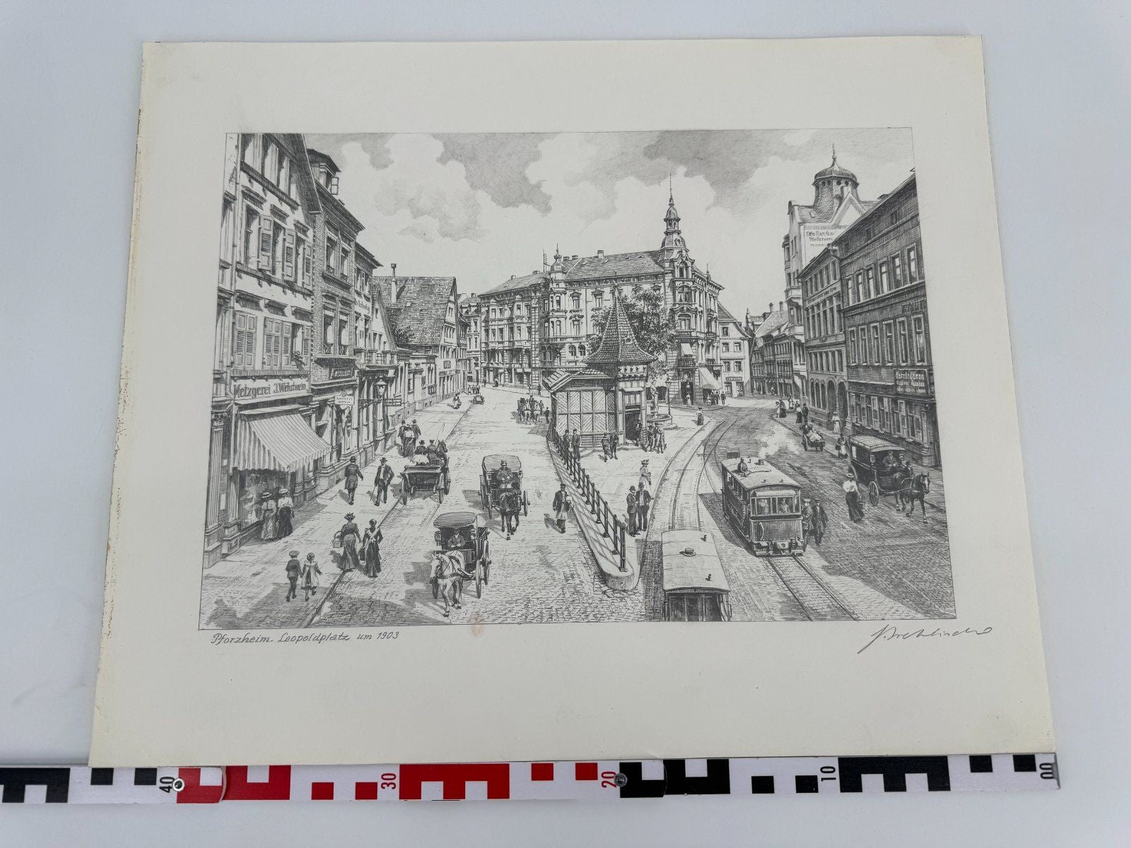 * HEINZ WEHLISCH ZEICHNUNG PFORZHEIM LEOPOLDPLATZ 1903 ANSICHT SIGNIERT