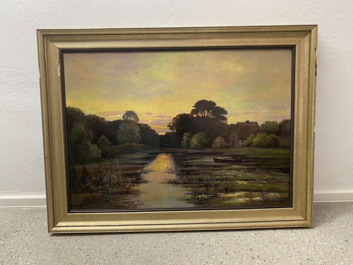 * ALBERT BLAETTER ABENDSTIMMUNG ÖLGEMÄLDE 30er FLUSS MOOR BOOT