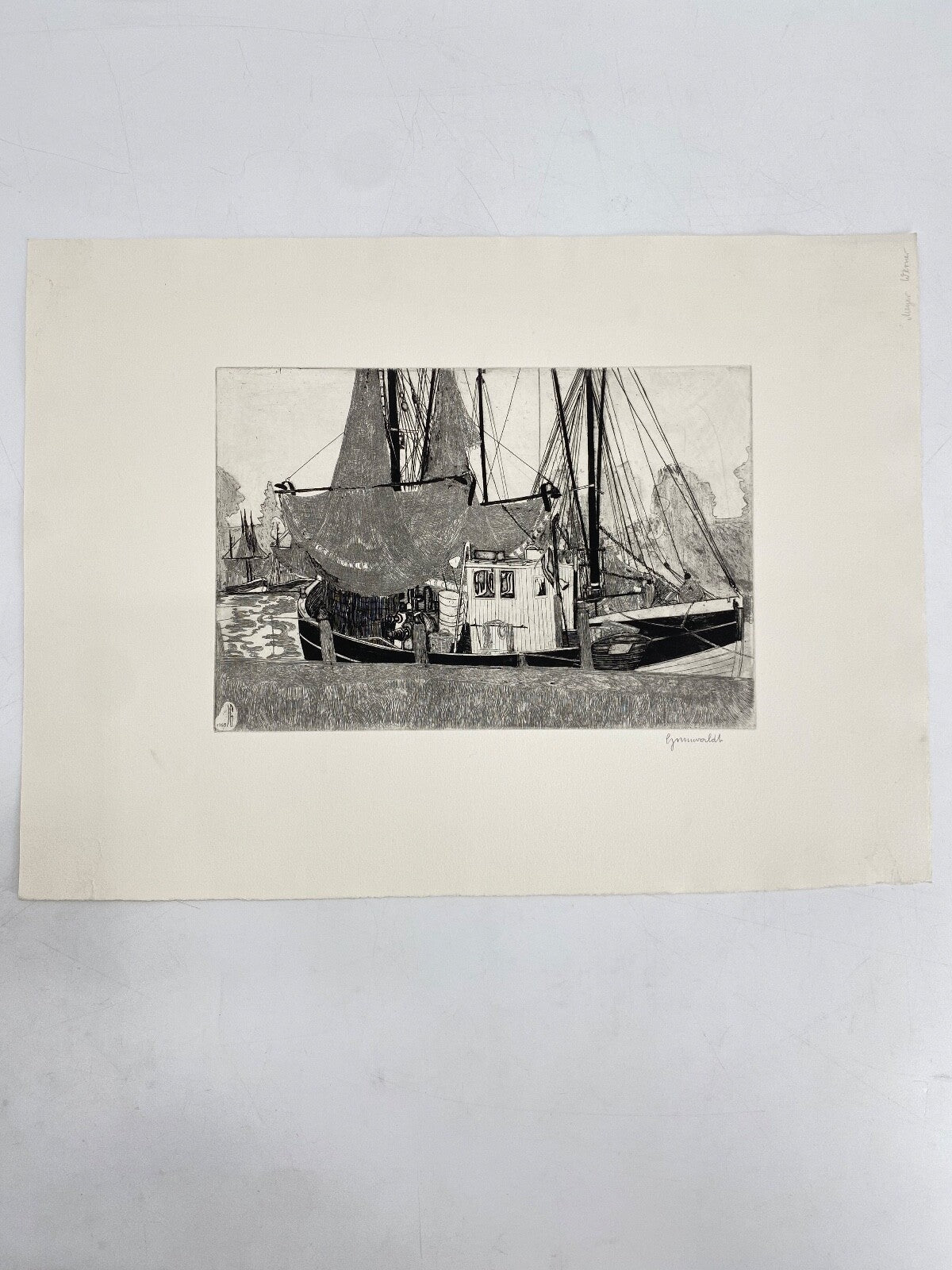 * HERBERT GRUNWALDT 1968 RADIERUNG ORIGINAL KRABBEN FISCHERBOOTE HAFEN SIGNIERT