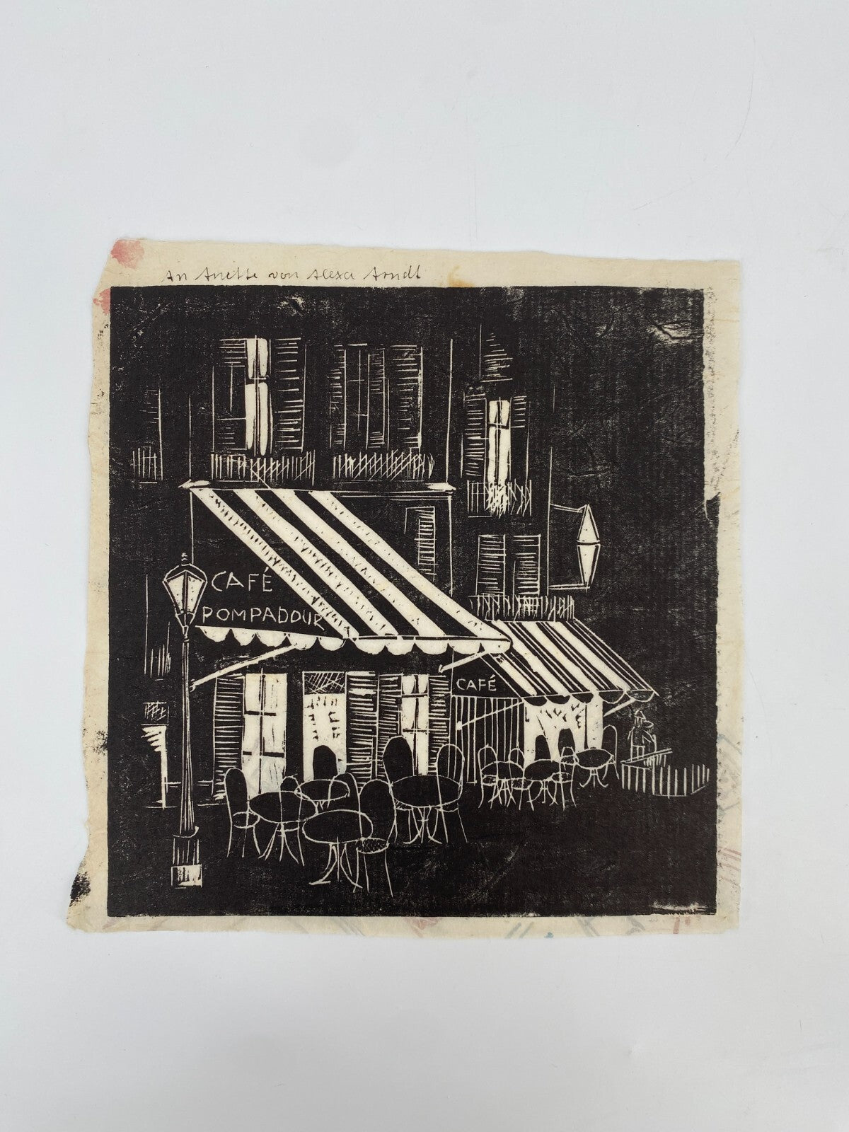 * CAFE POMPADOUR LINOLSCHNITT BILD GRAFIK ALEXA ARNDT GEWIDMET ANETTE