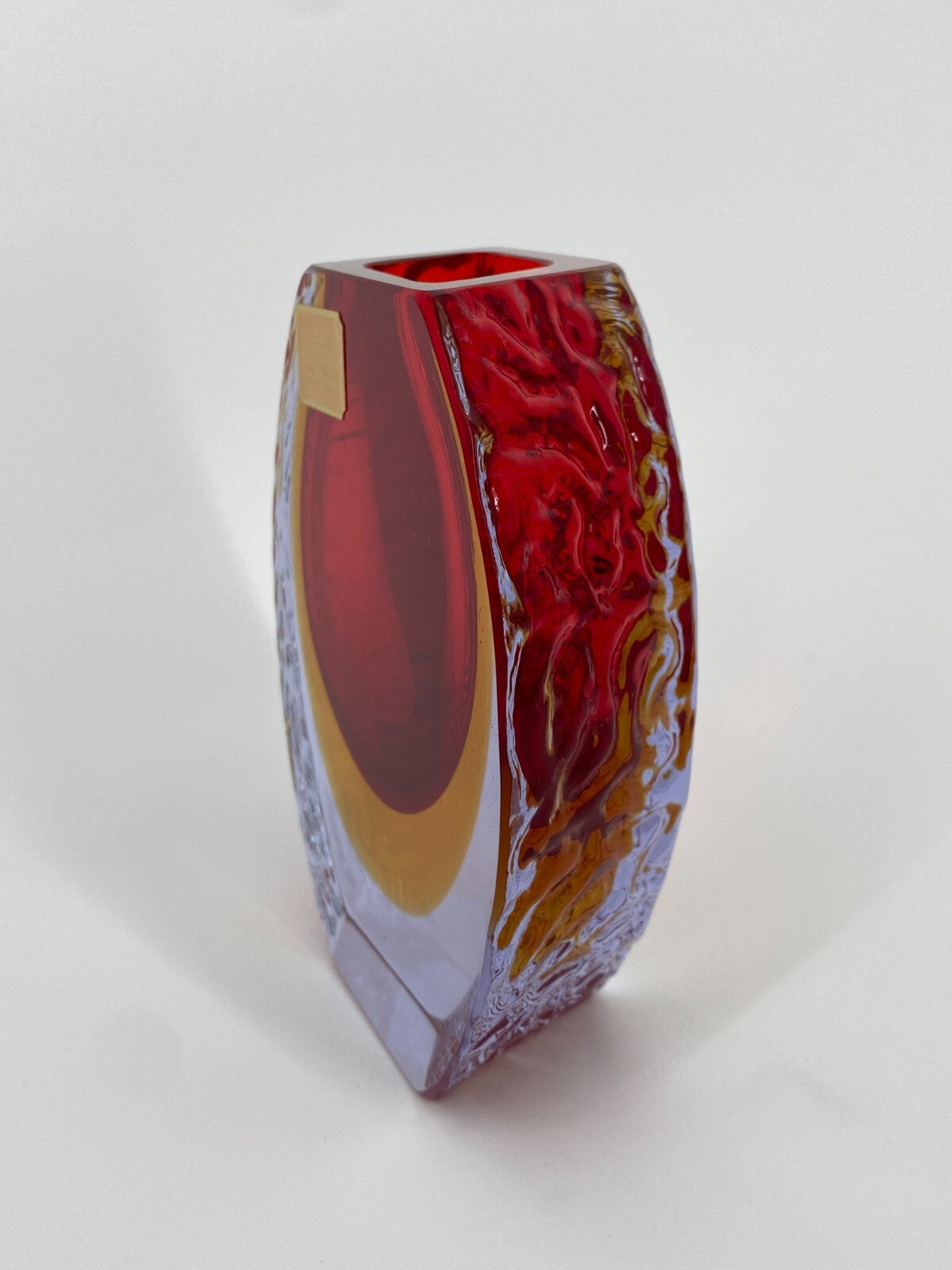 * MID CENTURY DESIGN MURANO GLAS VASE ROT GELB BLEIKRISTALL MANDRUZZATO 13CM