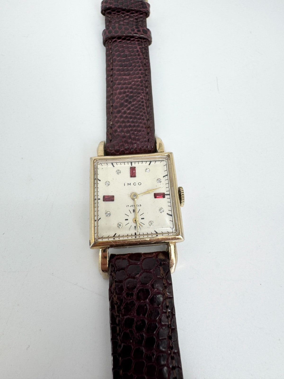 SEHR SELTENE IMCO ARMBANDUHR HANDAUFZUG 17 JEWELS QUADRAT LEDERARMBAND