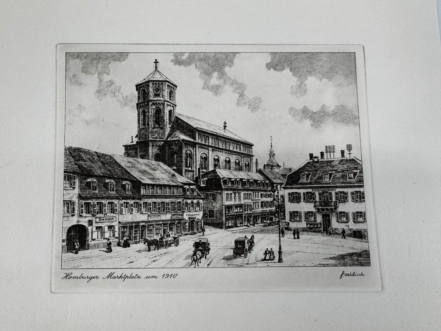 * HEINZ WEHLISCH ORIGINAL RADIERUNG HOMBURGER MARKTPLATZ UM 1910