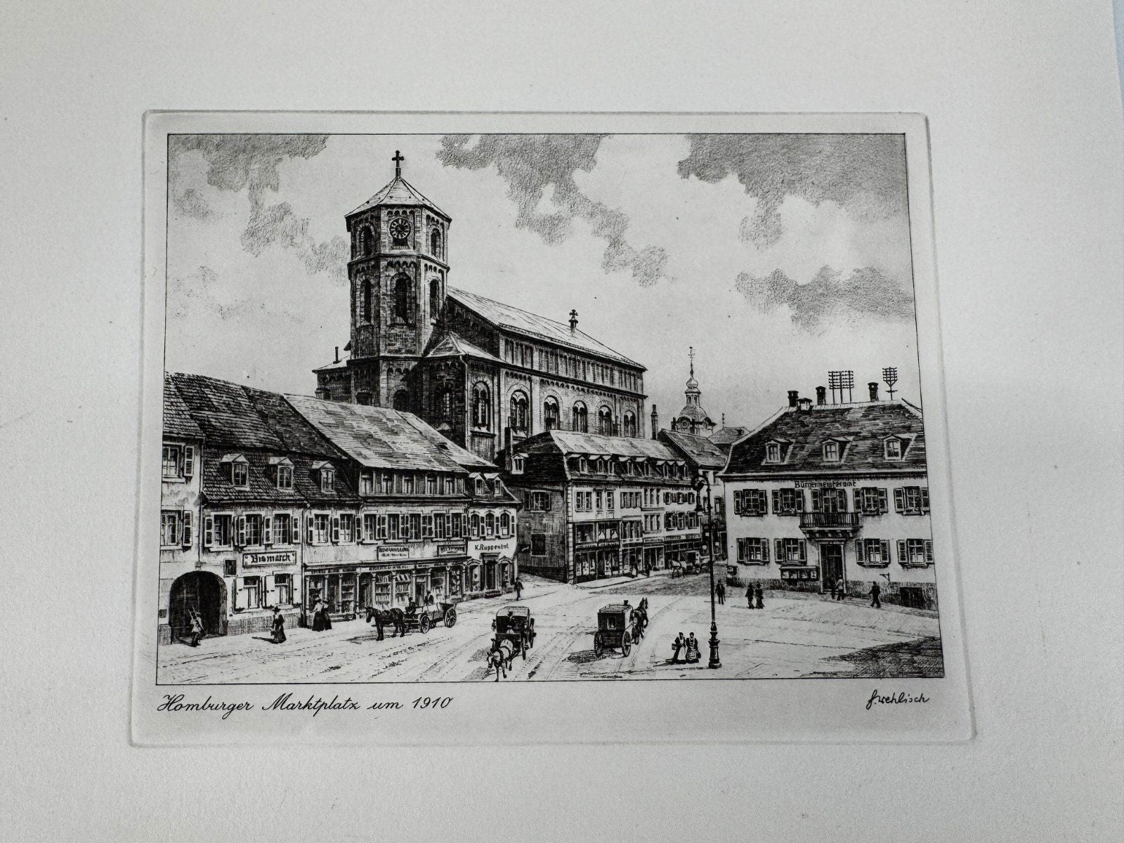 * HEINZ WEHLISCH ORIGINAL RADIERUNG HOMBURGER MARKTPLATZ UM 1910