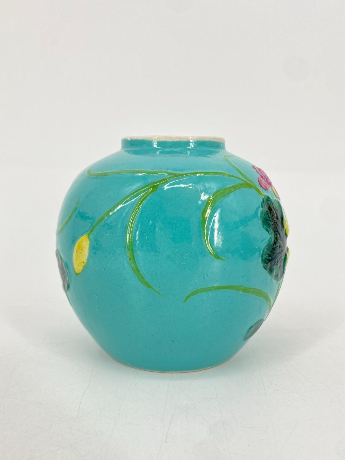 * CHINESISCHE KERAMIK VASE KRANICH SEEROSE RELIEF TÜRKIS VINTAGE