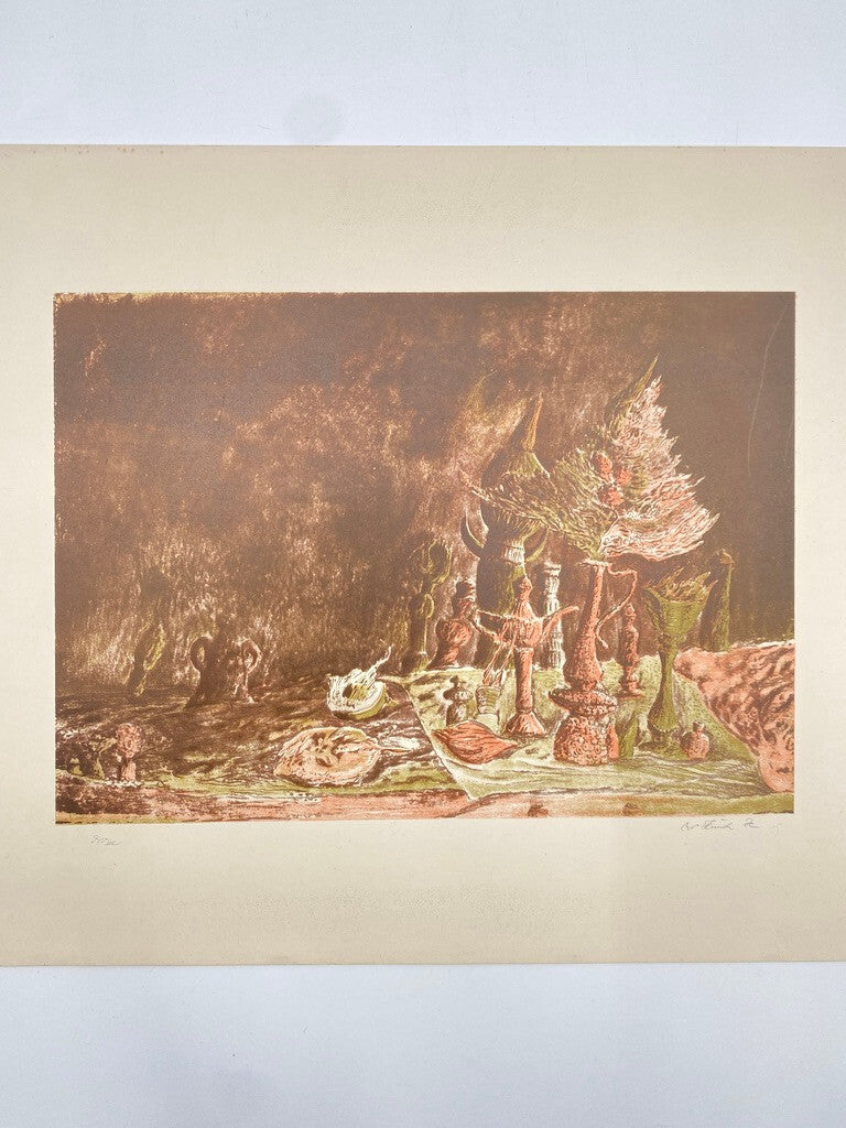 * KUNSTDRUCK ZEICHNUNG STILLEBEN ABSTRAKT VANITAS ROT GRÜN DRUCK PROBE SIGNIERT