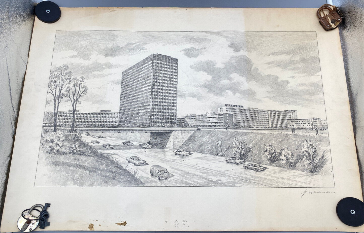 HEINZ WEHLISCH ZEICHNUNG ERLANGEN SIEMENS HOCHHAUS ANSICHT ORIGINAL HANDSIGNIERT