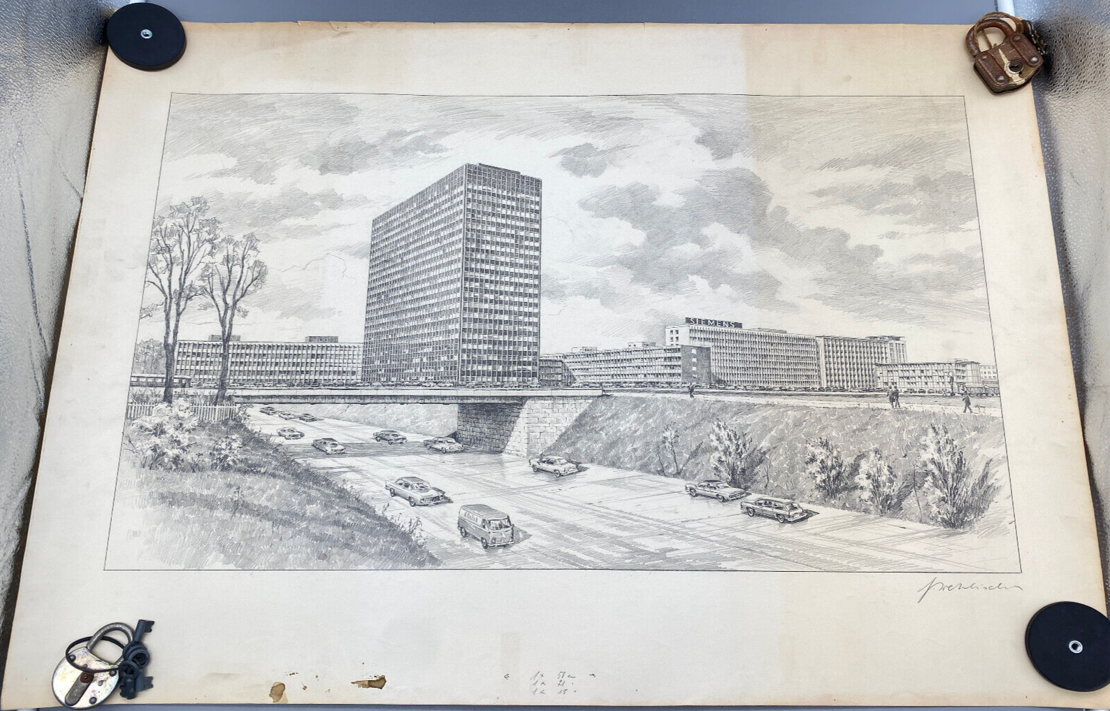 HEINZ WEHLISCH ZEICHNUNG ERLANGEN SIEMENS HOCHHAUS ANSICHT ORIGINAL HANDSIGNIERT