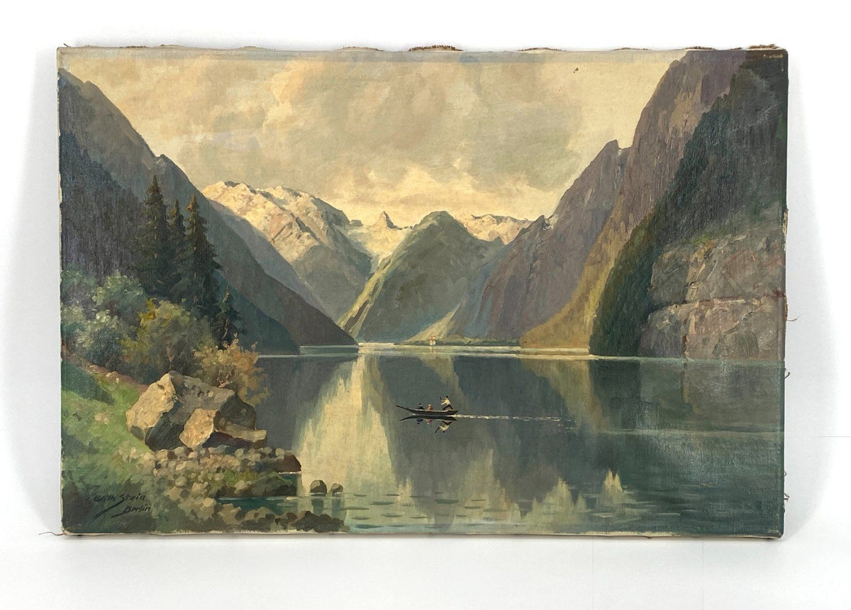 *ÖLGEMÄLDE WILHELM STEIN BERLIN BERGLANDSCHAFT BERGSEE BOOT SIGNI