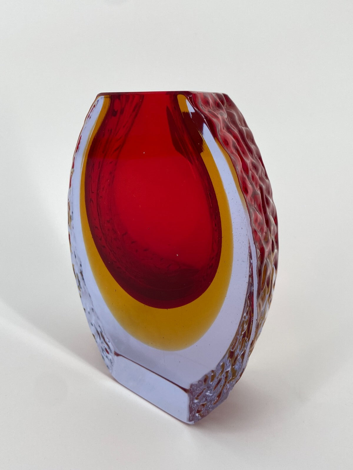 * MID CENTURY DESIGN MURANO GLAS VASE ROT GELB BLEIKRISTALL MANDRUZZATO 13CM