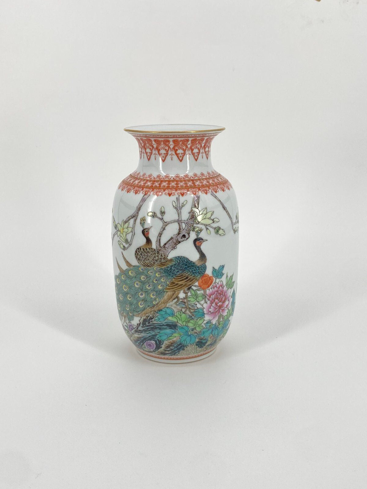 * VASE PORZELLAN CHINA GEDICHT PFAUEN VÖGEL BLUMEN VINTAGE