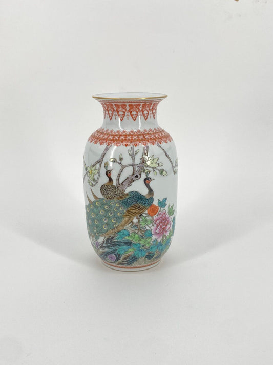 * VASE PORZELLAN CHINA GEDICHT PFAUEN VÖGEL BLUMEN VINTAGE