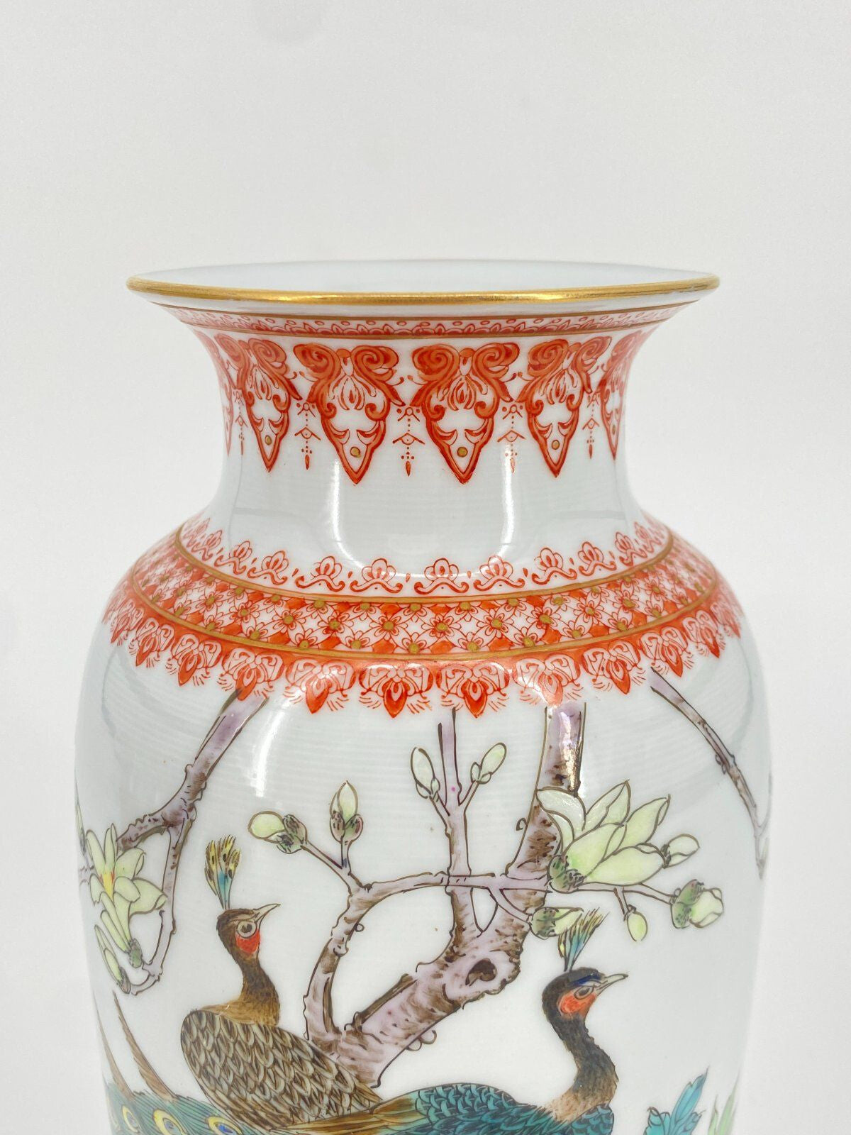 * VASE PORZELLAN CHINA GEDICHT PFAUEN VÖGEL BLUMEN VINTAGE