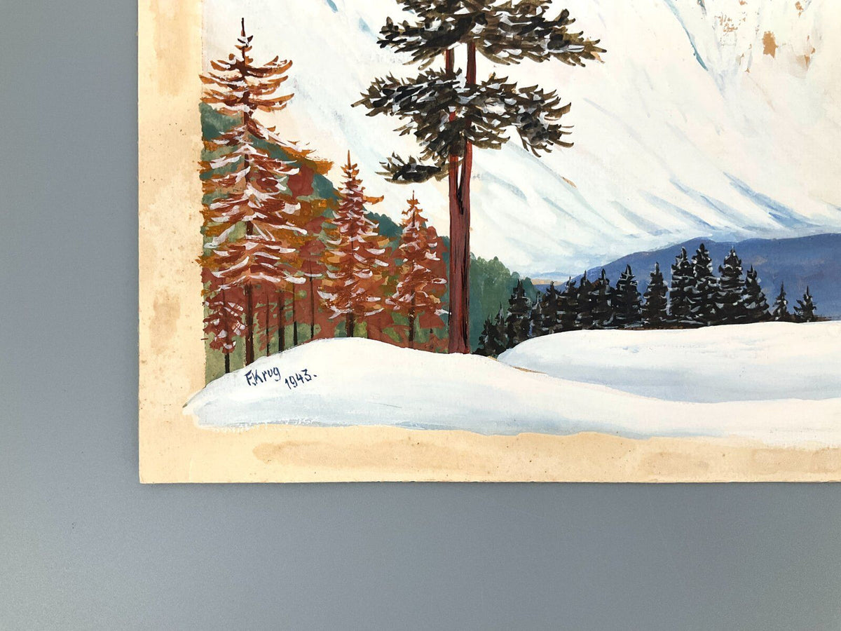 *GEMÄLDE GOUACHE F. KRUG WINTERLANDSCHAFT BERGLANDSCHAFT 1943