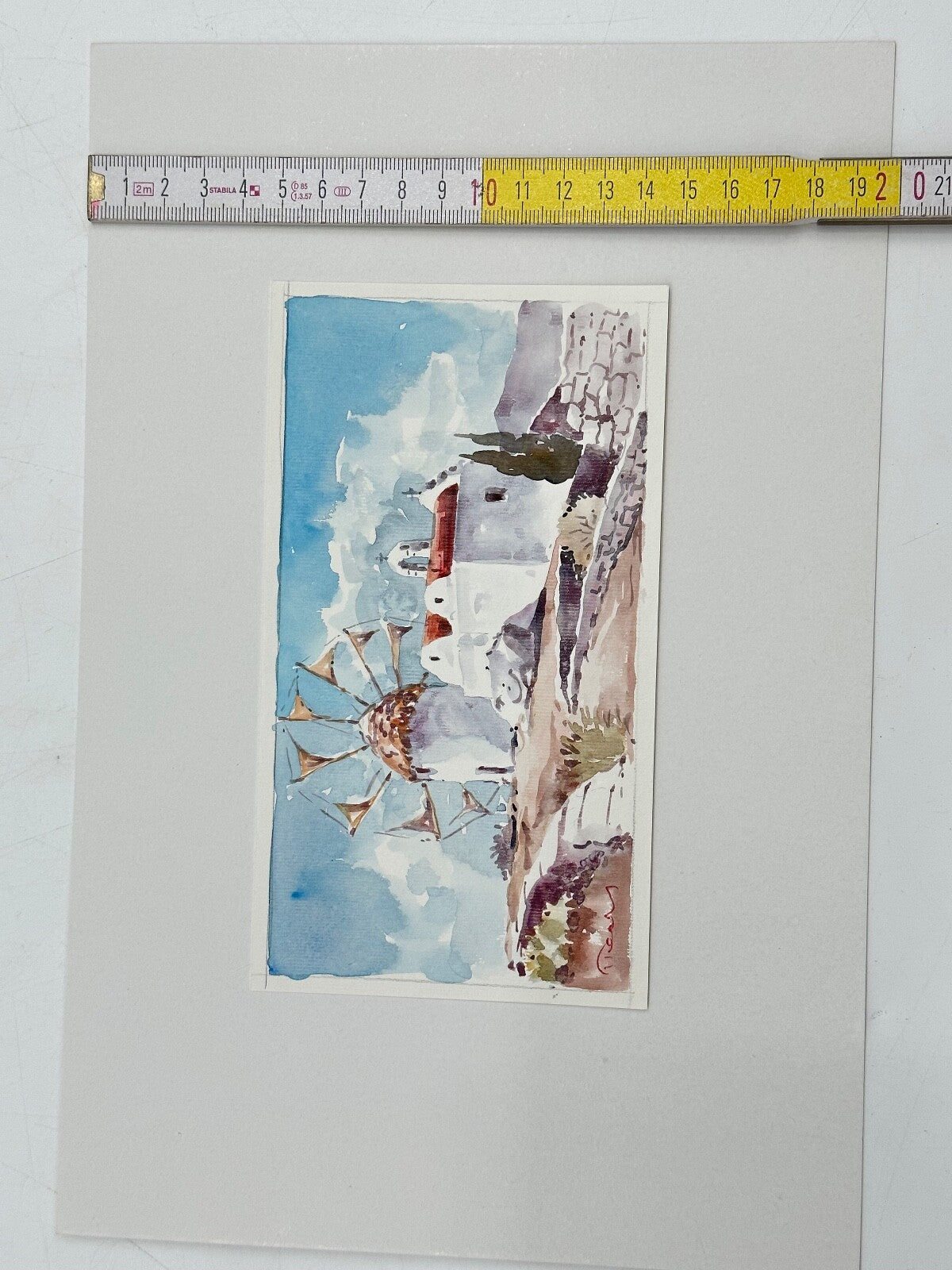 * AQUARELL GRIECHENLAND INSELN SANTORINI KAPATHOS WINDMÜHLE KAPELLE SOMMER