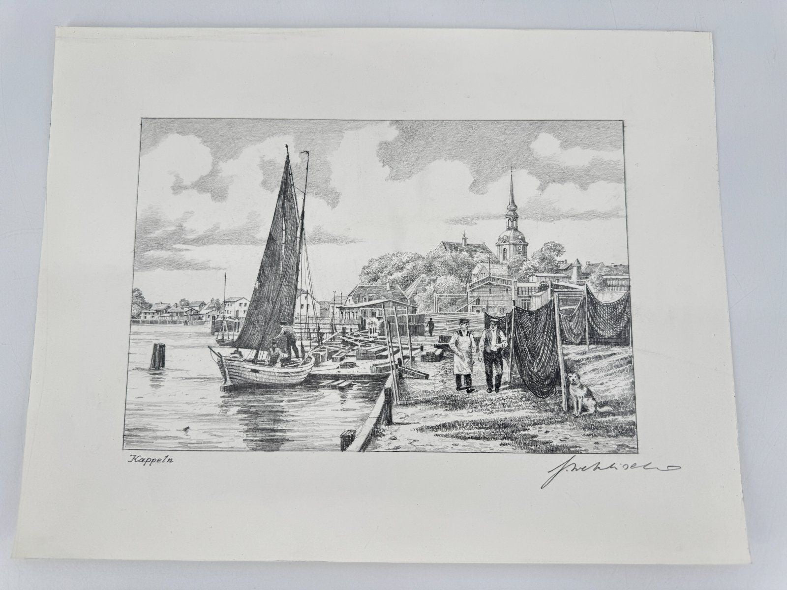 * HEINZ WEHLISCH ZEICHNUNG KAPPELN ANSICHT SIGNIERT HAFEN