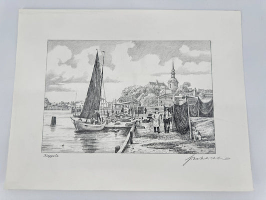 * HEINZ WEHLISCH ZEICHNUNG KAPPELN ANSICHT SIGNIERT HAFEN