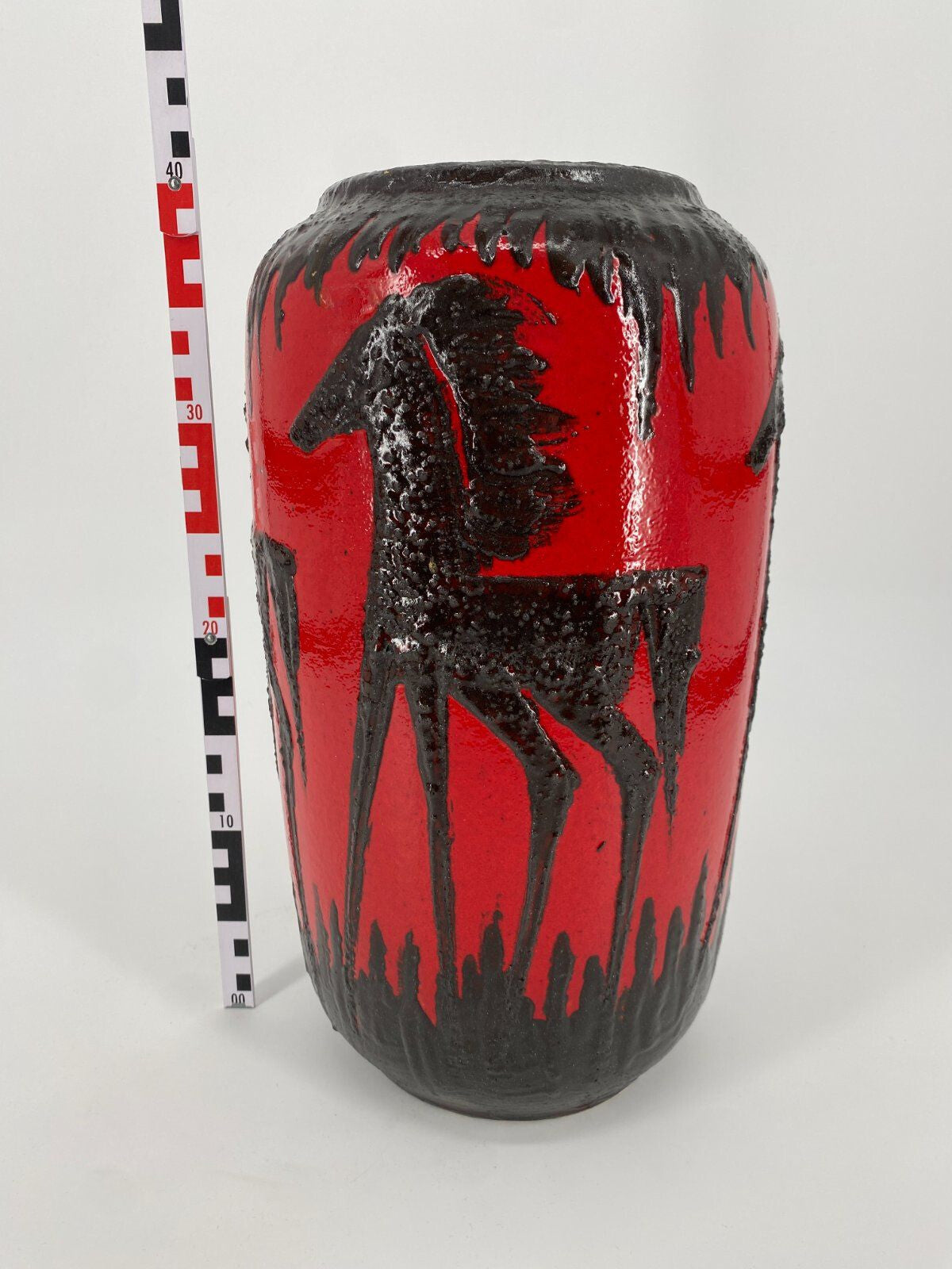 * VASE FAT LAVA SCHEURICH PFERD ROT SCHWARZ WEST GERMANY VINTAGE