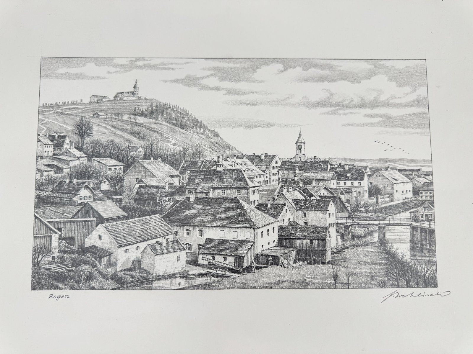 * HEINZ WEHLISCH ZEICHNUNG BOGEN STRAUBING ANSICHT SIGNIERT II
