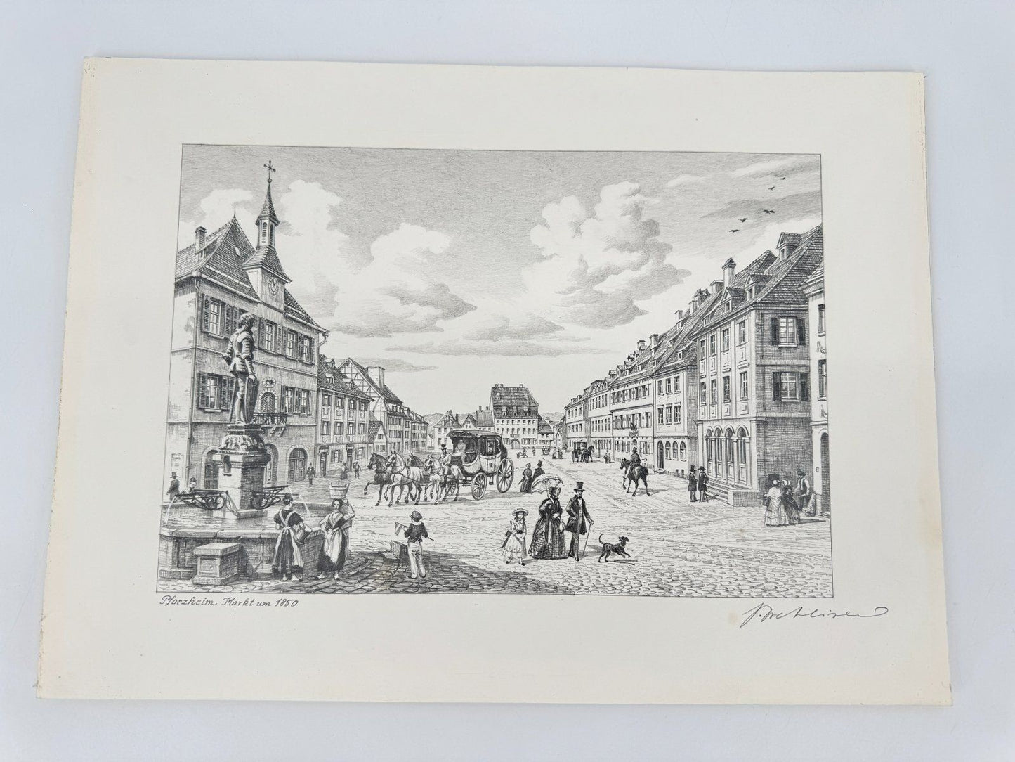 * HEINZ WEHLISCH ZEICHNUNG PFORZHEIM MARKT UM 1850 ANSICHT SIGNIERT