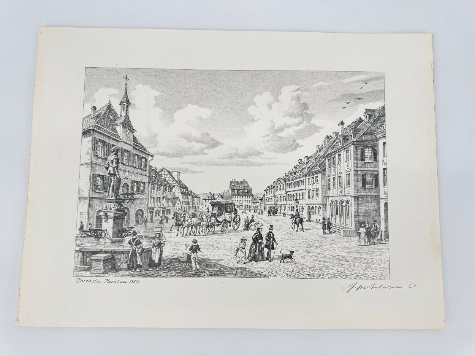 * HEINZ WEHLISCH ZEICHNUNG PFORZHEIM MARKT UM 1850 ANSICHT SIGNIERT