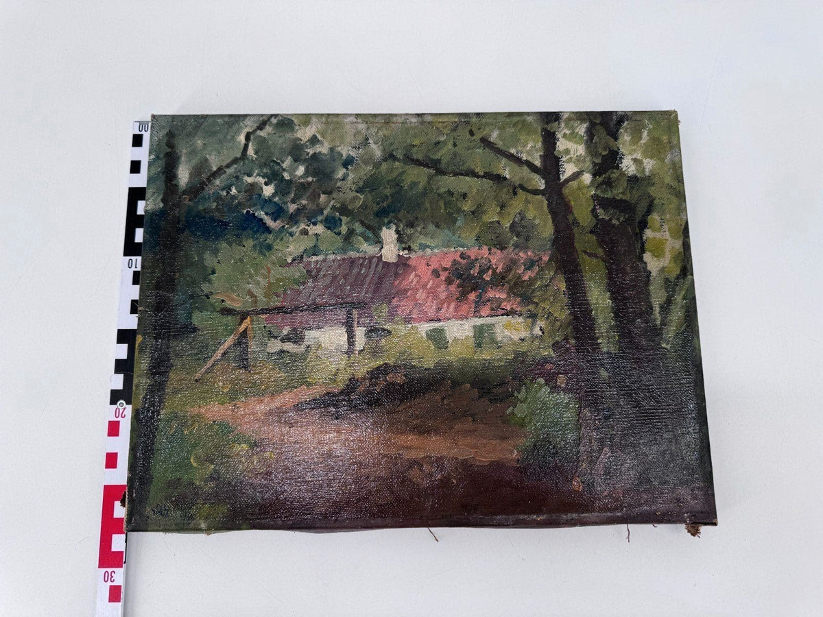 ÖL GEMÄLDE DORFLANDSCHAFT HAUS IM GRÜNEN ANTIK 36X 27 ANTIK