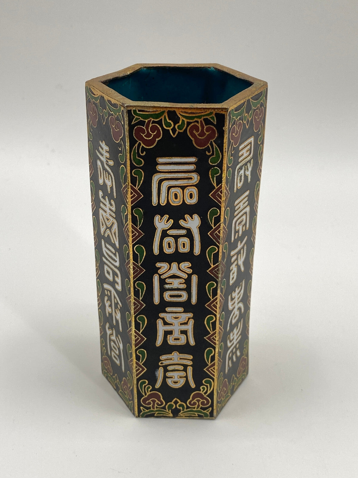 * CHINESISCHE VASE CLOISONNE EMAILLE CHINA ACHTECKIG HEXAGON SCHWARZ BLUME