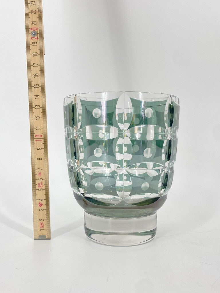 * VASE BÖHMISCHES GLAS ART DECO TOPF TÜRKIS BLAU GRÜN GESCHLIFFEN PUNKTE