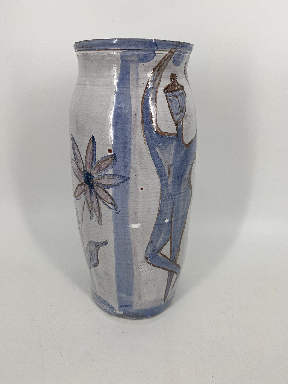 * GLASIERTE STUDIOKERAMIK BLUMENVASE MANN FRAU BLUME BEMALT SIGNIERT 60er 70er