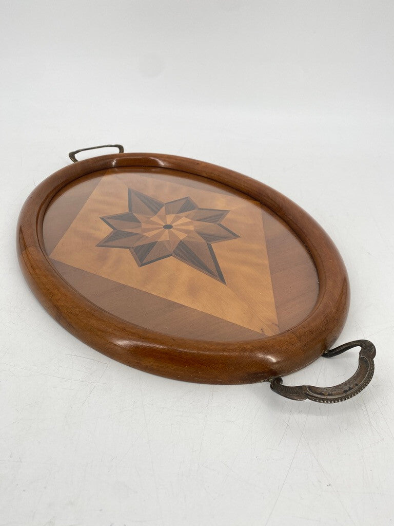* TABLETT OVAL ANTIK 1900 HOLZ INTARSIEN STERN MESSING GLASPLATTE SERVIERTABLETT