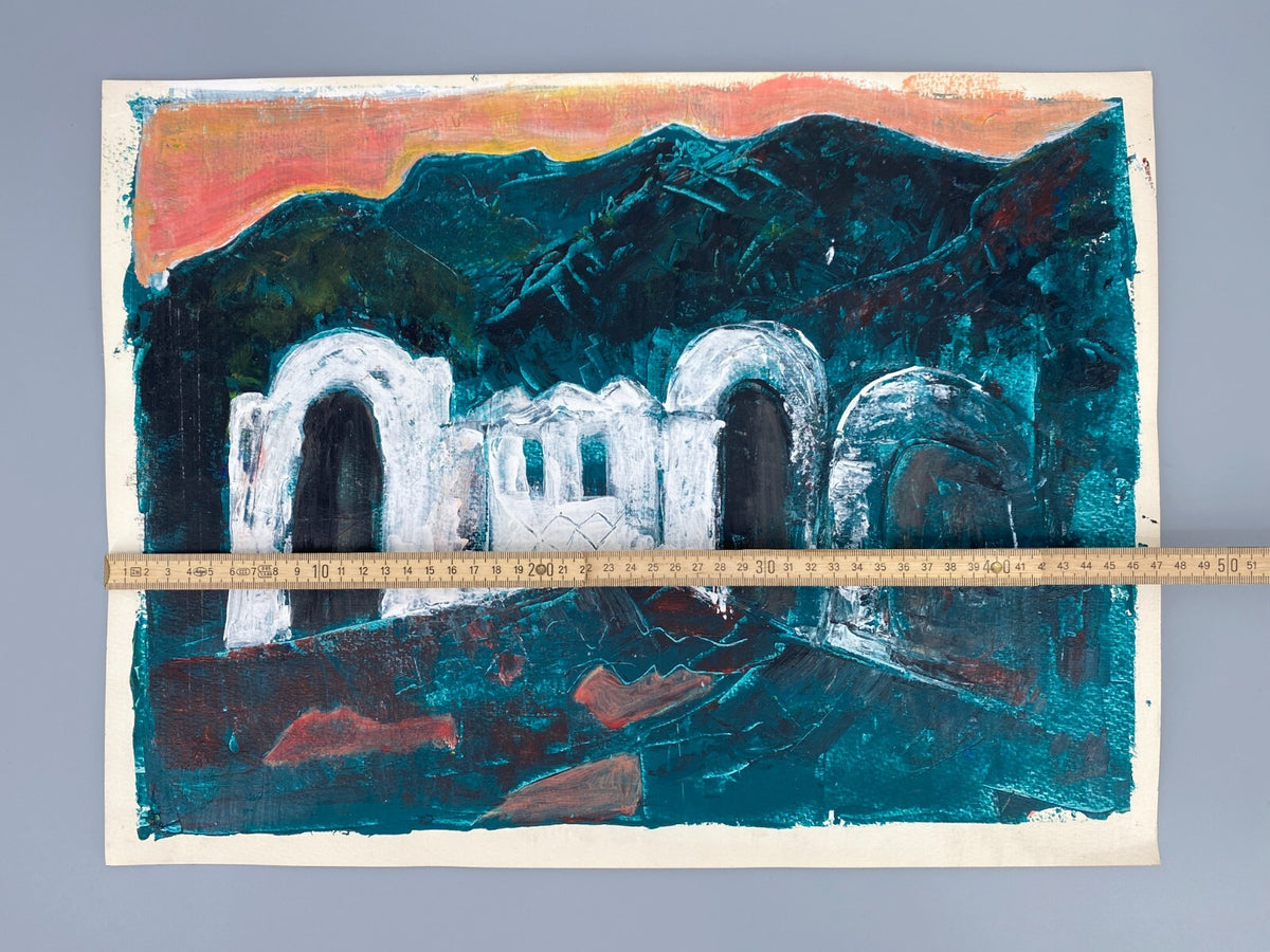 *GEMÄLDE ACRYL LANDSCHAFT NAHOST GEBÄUDE WEIß GRÜN SIGRID HANNSE UNIKAT 90ER