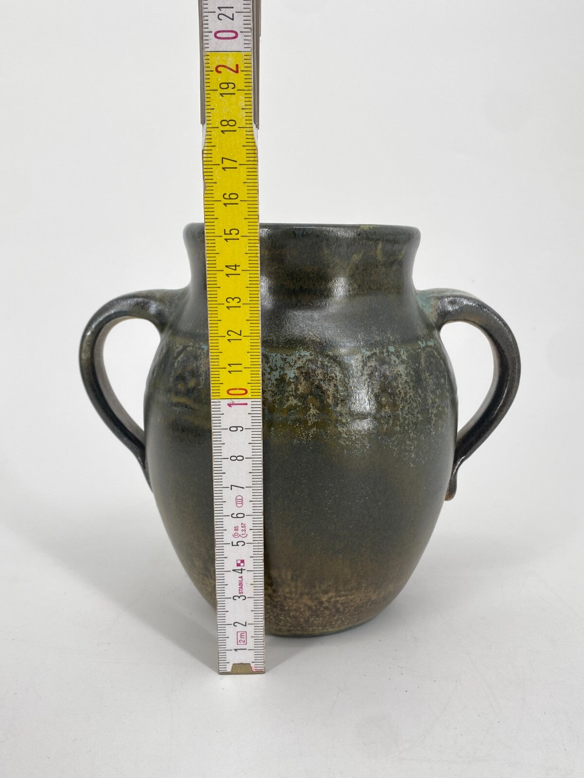 * STUDIO KERAMIK HENKEL VASE AMPHORE KRUG GEFÄß GRÜN BRAUN 15,5CM VINTAGE