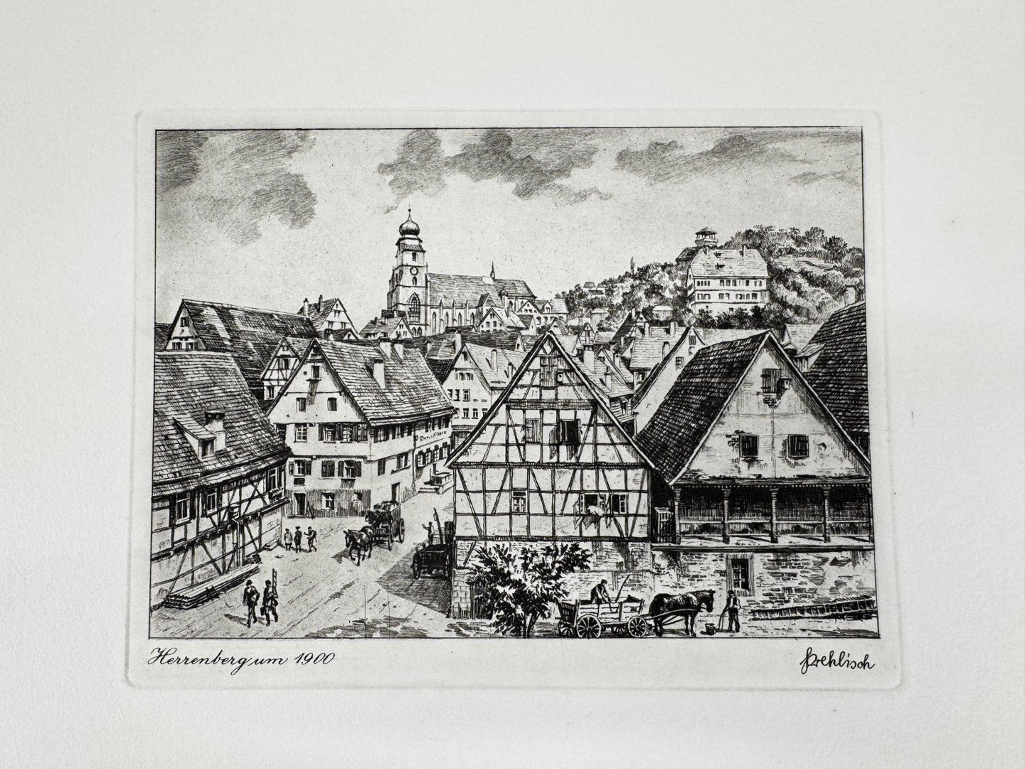 * HEINZ WEHLISCH ORIGINAL RADIERUNG HERRENBERG UM 1900 ANSICHT