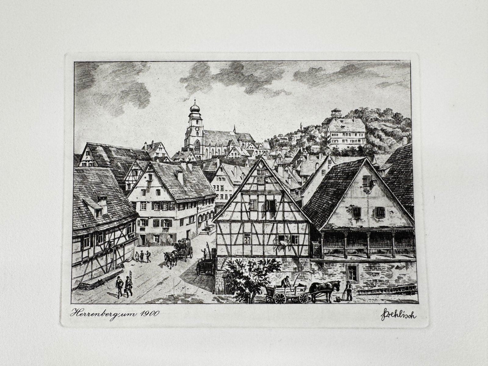 * HEINZ WEHLISCH ORIGINAL RADIERUNG HERRENBERG UM 1900 ANSICHT