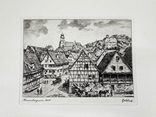 * HEINZ WEHLISCH ORIGINAL RADIERUNG HERRENBERG UM 1900 ANSICHT